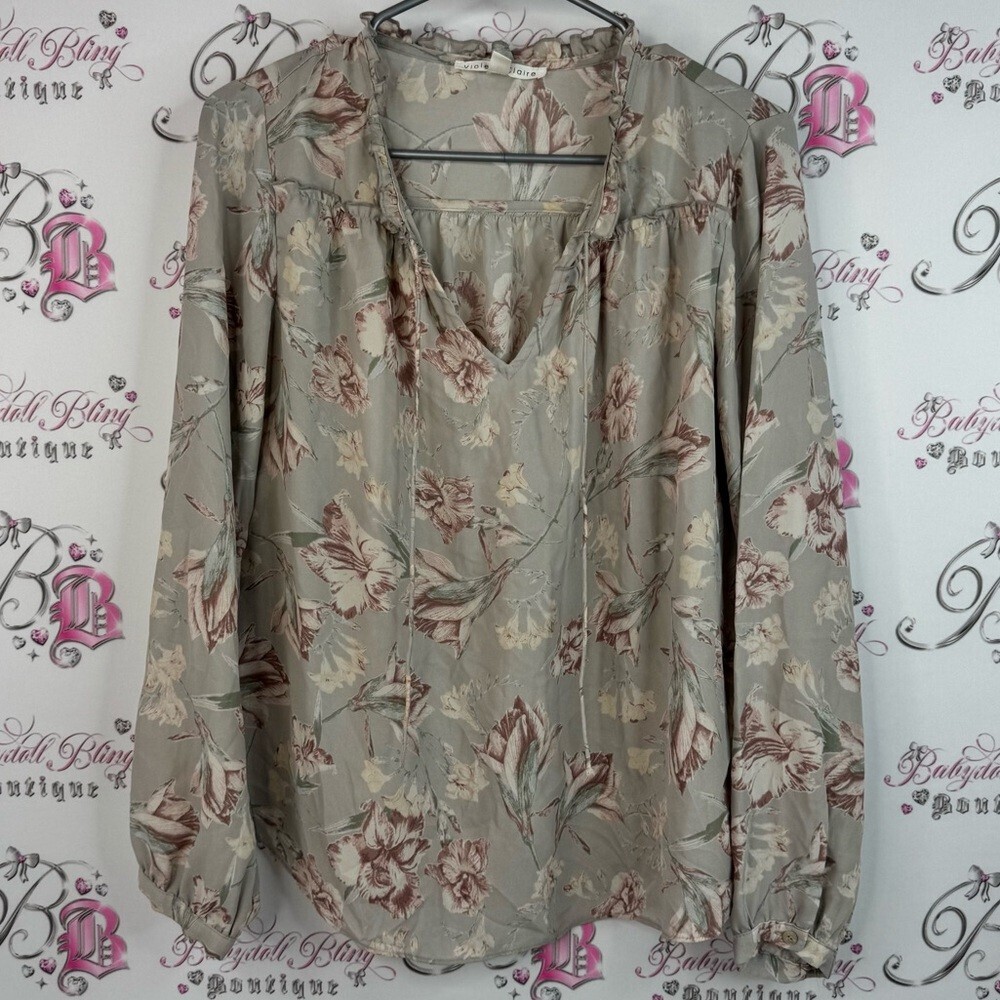 Violet & Claire long sleeve ruffle details tie up ribbon Beige Floral Blouse